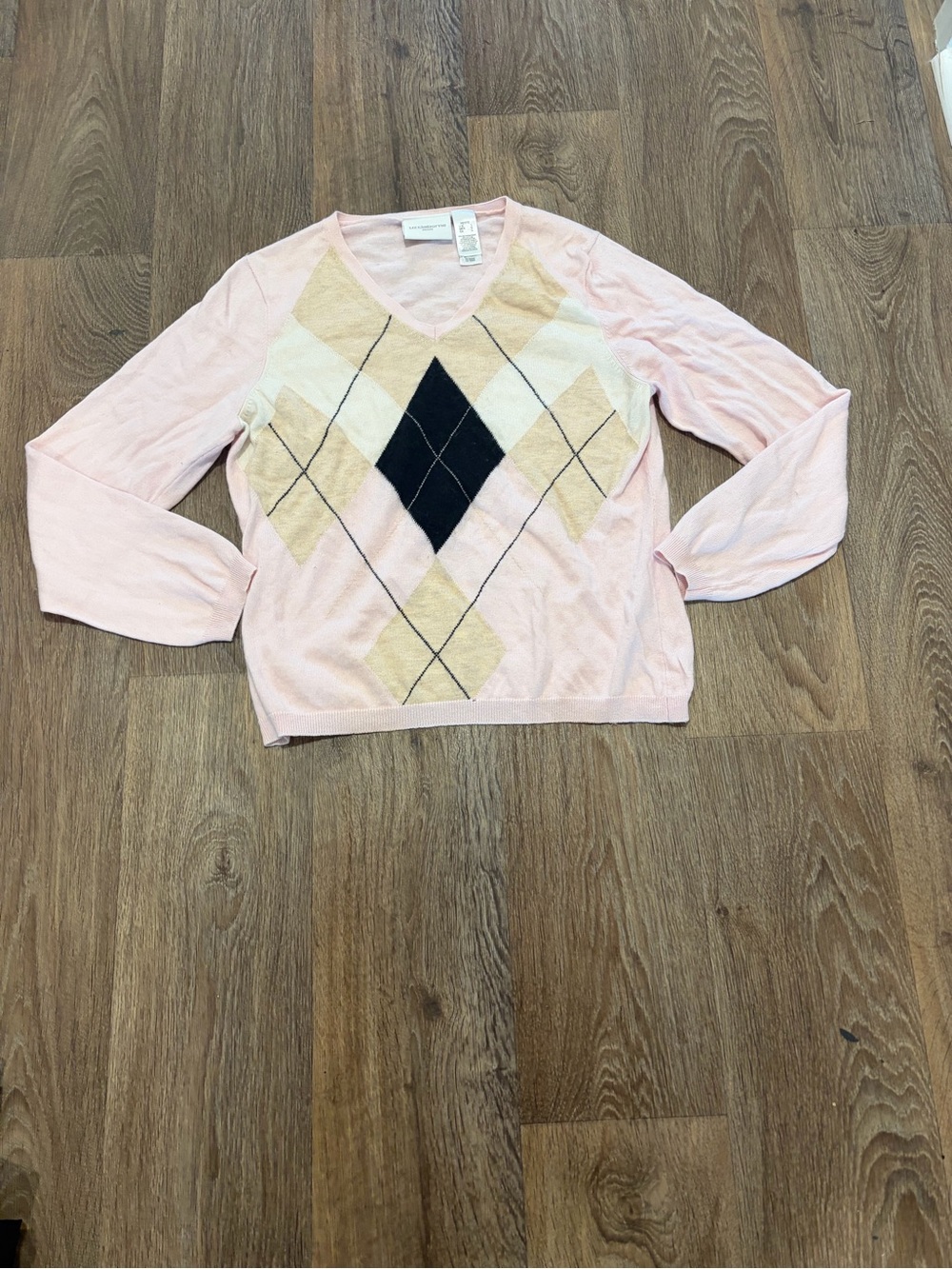 Liz Claiborne Pink and Beige Argyle V-Neck Sweater